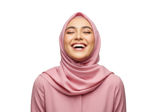 A joyful young woman wearing a pink hijab laughs heartily with her eyes closed expressing pure happiness isolated on transparent background - Powered by Adobe