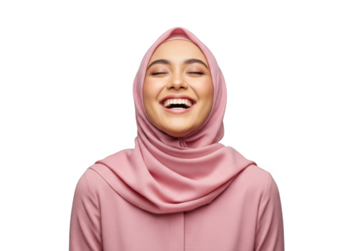 A joyful young woman wearing a pink hijab laughs heartily with her eyes closed expressing pure happiness isolated on transparent background