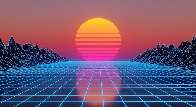 Retro futuristic landscape with a grid floor and a neon sun setting over mountains, evoking a synthwave aesthetic