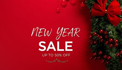 Festive new year sale announcement with red background and christmas wreath decoration