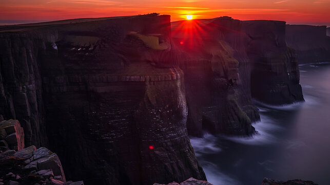 Cliffs of moher at sunset with sun star and ocean view