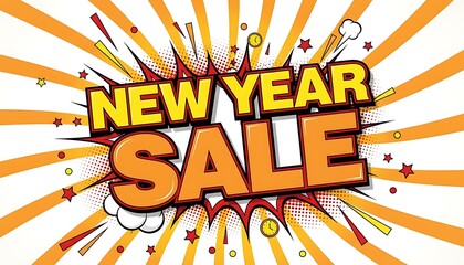Explosive new year sale announcement with comic book style bursting rays and bold typography