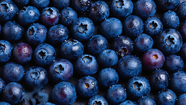Closeup of fresh blueberries with water droplets as food background
