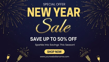 Special offer new year sale save up to 50 percent off with fireworks display