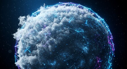 Abstract digital representation of planet earth enveloped in clouds and connected by a glowing network of futuristic data lines