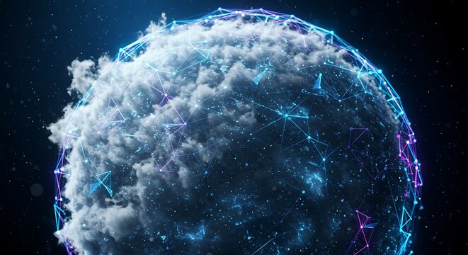 Abstract digital representation of planet earth enveloped in clouds and connected by a glowing network of futuristic data lines - Powered by Adobe