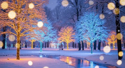 Magical Winter Wonderland Illuminated Park Scene at Night