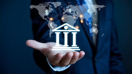 Business professional holding global finance and banking icon with world map background