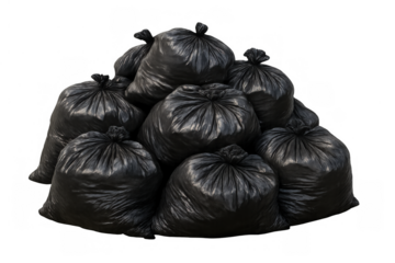 Pile of tied black plastic bags filled with household garbage and refuse, representing waste management, disposal, and environmental concerns