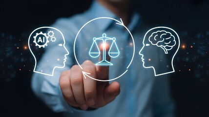 Man's hand touches a digital interface representing AI and human intelligence in balance with justice.