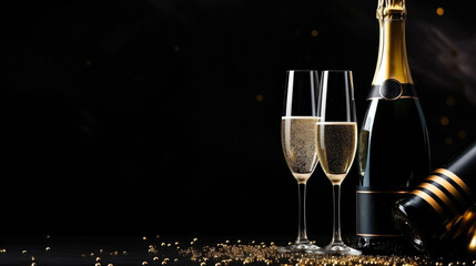 A composition with a bottle of champagne, glasses for drinks, sequins and confetti on a dark background. The concept of celebrating New Year or Christmas.