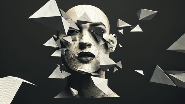 Abstract Modern Art 3D Polygon Face Sculpture in Black and White: Exploring Geometric Shapes and Surrealism in Digital Art and Graphic Design