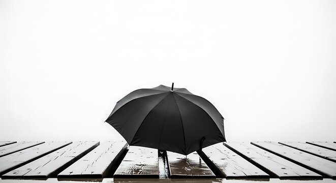 Black umbrella on a wet wooden pier against a bright sky