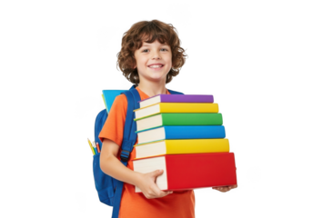 Young boy with curly brown hair wearing an orange shirt and blue backpack holding a large stack of colorful books isolated on transparent background