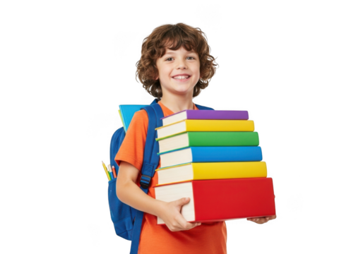 Young boy with curly brown hair wearing an orange shirt and blue backpack holding a large stack of colorful books isolated on transparent background