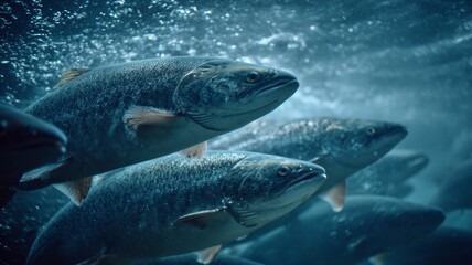 Majestic salmon swim in sunlit underwater realm. AI image