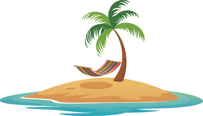 Tropical Island Palm Tree and Hammock in Peaceful Vacation Escape, Relaxing Summer Holiday Destination With Clear Water
