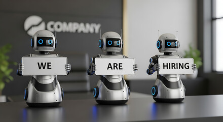 Robots Hiring Concept – Futuristic Recruitment Copy Space Poster, robot hiring, futuristic recruitment, AI hiring, recruitment poster, hiring concept, copy space design, robot workforce, digital hire
