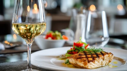 Elegant fine dining table setting with grilled fish fillet, fresh garnishes, and white wine pairing in a sophisticated restaurant interior for gourmet cuisine and luxury dining ambiance