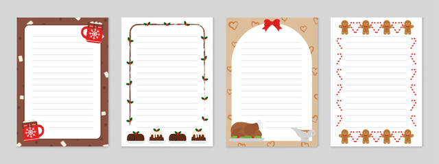 A set of four A4 Christmas food-themed papers featuring cocoa, pudding cake, yule log, roast turkey, gravy, and gingerbread cookies. Ideal for holiday letters, menus, cards, and printable crafts.