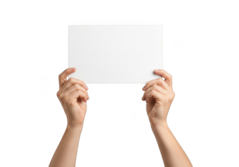 Two hands holding up a blank white rectangular paper sheet for displaying messages or information isolated on transparent background