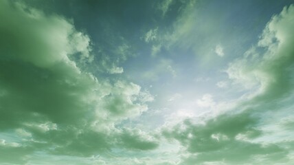 Dramatic green sky with sunlit clouds. AI image