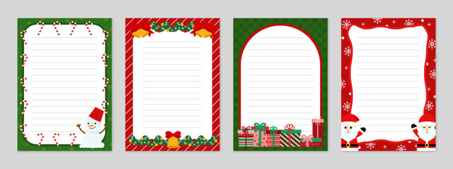 A set of Christmas papers in red and green themes, featuring candy cane, snowman, wreath, gifts, Santa, and snowflakes. Perfect for holiday letters, cards, crafts, and printables.