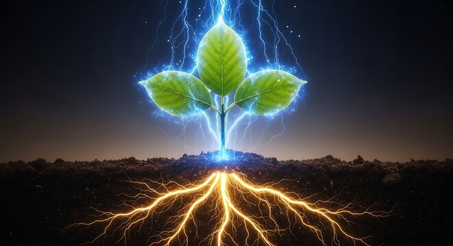 Glowing plant with energetic roots and lightning - Powered by Adobe