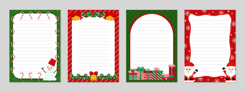 A set of Christmas papers in red and green themes, featuring candy cane, snowman, wreath, gifts, Santa, and snowflakes. Perfect for holiday letters, cards, crafts, and printables.