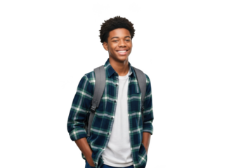 Smiling young african american teenager wearing a plaid shirt and backpack isolated on transparent background