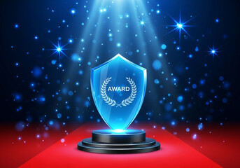 A glowing blue shield award with the word award and a laurel wreath sits on a pedestal under spotlights on a red carpet, surrounded by bokeh lights