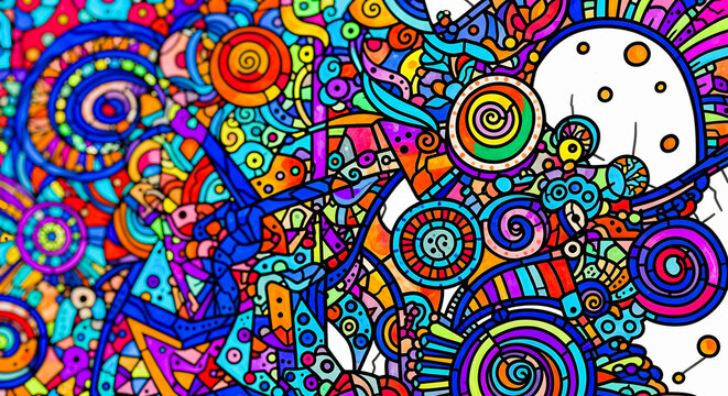 Vibrant and intricate abstract pattern, a kaleidoscope of bright colors, swirling lines, and complex geometric shapes creating a mesmerizing psychedelic mosaic design