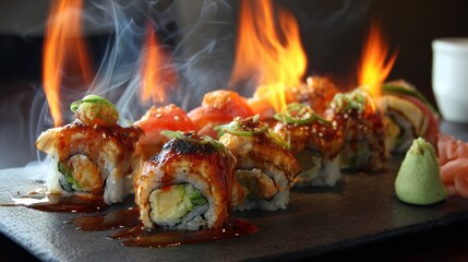 Fiery sushi roll platter with fresh ingredients, spicy sashimi, and vibrant garnishes served on elegant wooden board for japanese cuisine presentation