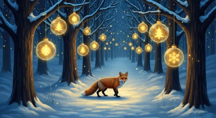 A solitary fox wanders through a magical winter forest illuminated by festive golden ornaments
