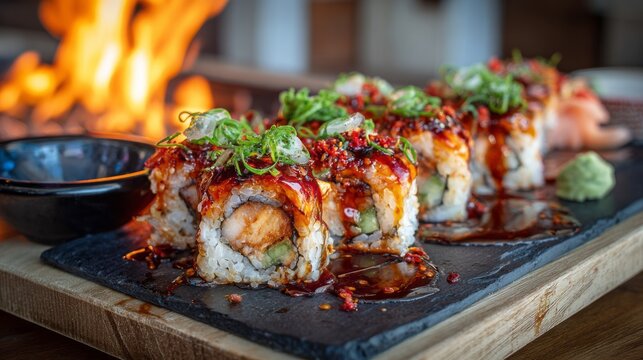 Fiery sushi roll platter with fresh ingredients, spicy sashimi, and vibrant garnishes served on elegant wooden board for japanese cuisine presentation