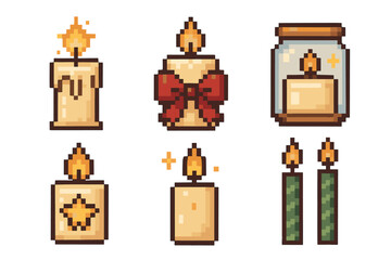 Obraz premium Charming collection of various pixel art candles in a retro 8-bit style, featuring festive, jar, and taper designs isolated for a game asset or icon set