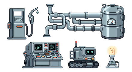 Collection of pixel art icons representing industrial and technological themes, including a fuel pump, piping, a boiler, a control panel, a robot, and a lamp, isolated for a retro video game
