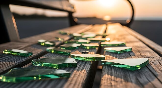 Broken green glass shards scattered on a wooden park bench at sunset