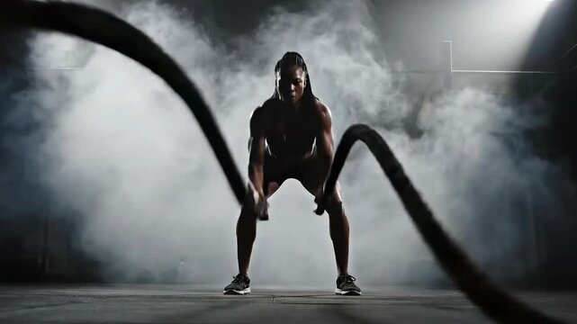 Powerful Female Athlete Training with Battle Ropes in Gym | Intense Fitness Workout