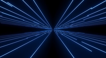Abstract perspective of glowing blue neon lines receding into the distance on a black background, symbolizing data transfer and digital pathways
