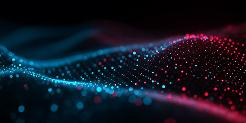 Abstract red and blue particle waves creating energetic digital data flow on dark backdrop