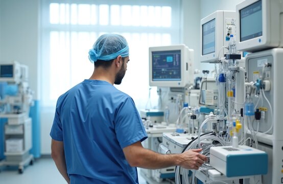 Doctor examines dialysis equipment in intensive care unit. Man checks injection pump, monitors vital signs. Specialist operates hemodialysis machine. Healthcare pro works in modern hospital using
