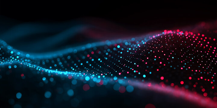 Abstract red and blue particle waves creating energetic digital data flow on dark backdrop