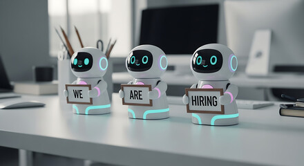 Robots Hiring Concept – Futuristic Recruitment Copy Space Poster, robot hiring, futuristic recruitment, AI hiring, recruitment poster, hiring concept, copy space design, robot workforce, digital hire
