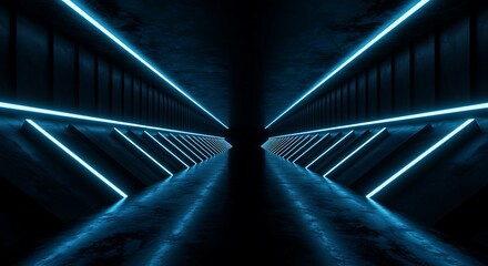 Perspective view of a dark, modern corridor illuminated by vibrant blue neon lights, creating a dramatic and futuristic atmosphere