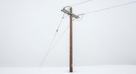 A solitary wooden utility pole with wires against a stark white sky