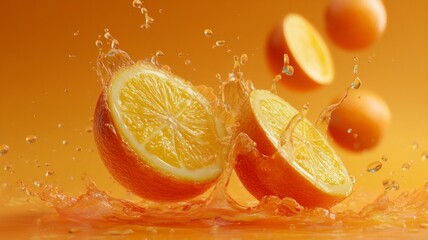 Sliced orange splash on vibrant background. AI image