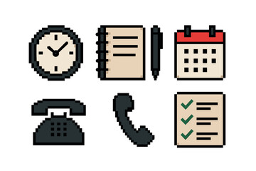 Set of pixelated icons representing office tasks and time management, with a clock, calendar, phone, and notebook in a classic video game style isolated on white