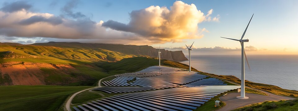 Scenic aerial view of solar panels and wind turbines on a hill by the ocean