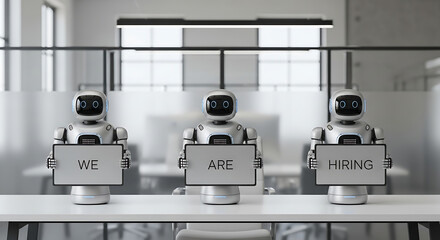 Robots Hiring Concept – Futuristic Recruitment Copy Space Poster, robot hiring, futuristic recruitment, AI hiring, recruitment poster, hiring concept, copy space design, robot workforce, digital hire
